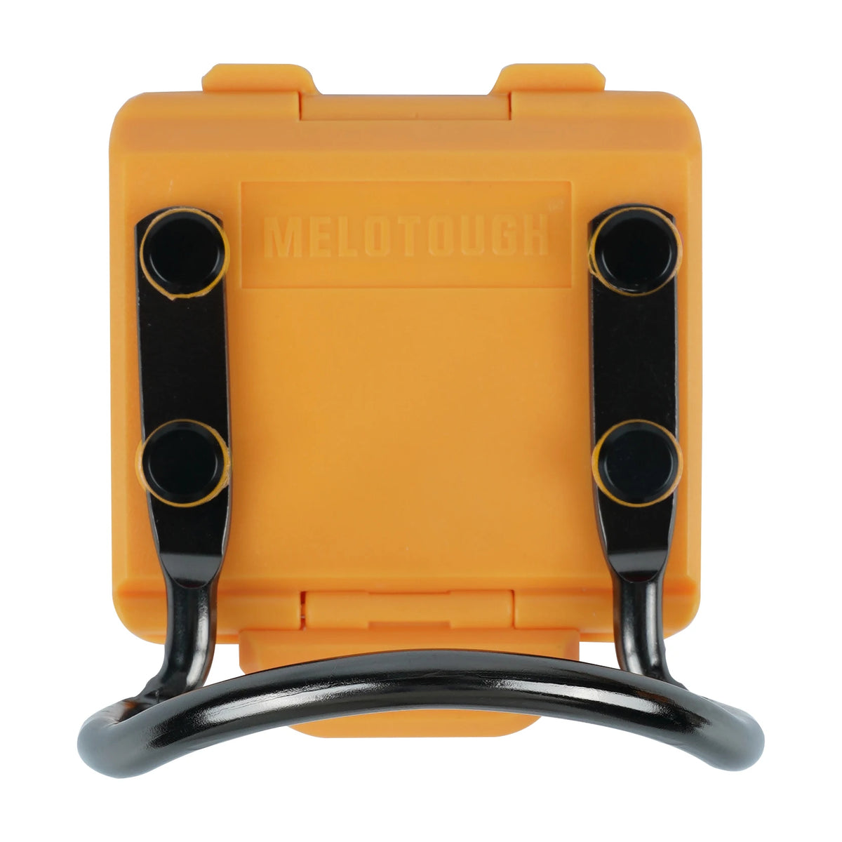 An orange heavy duty hammer belt holder with black grips and a curved handle.