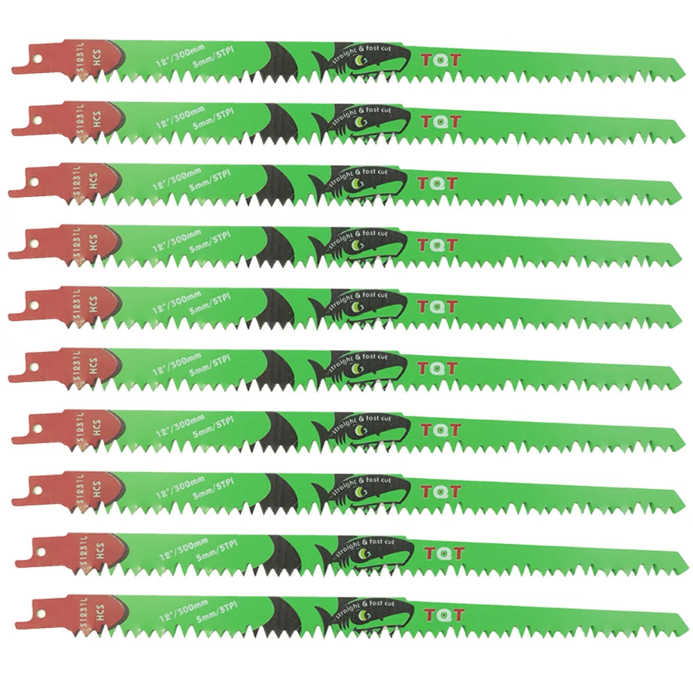 A set of ten precision reciprocating saw blades in various sizes and configurations, featuring green blades with black teeth 