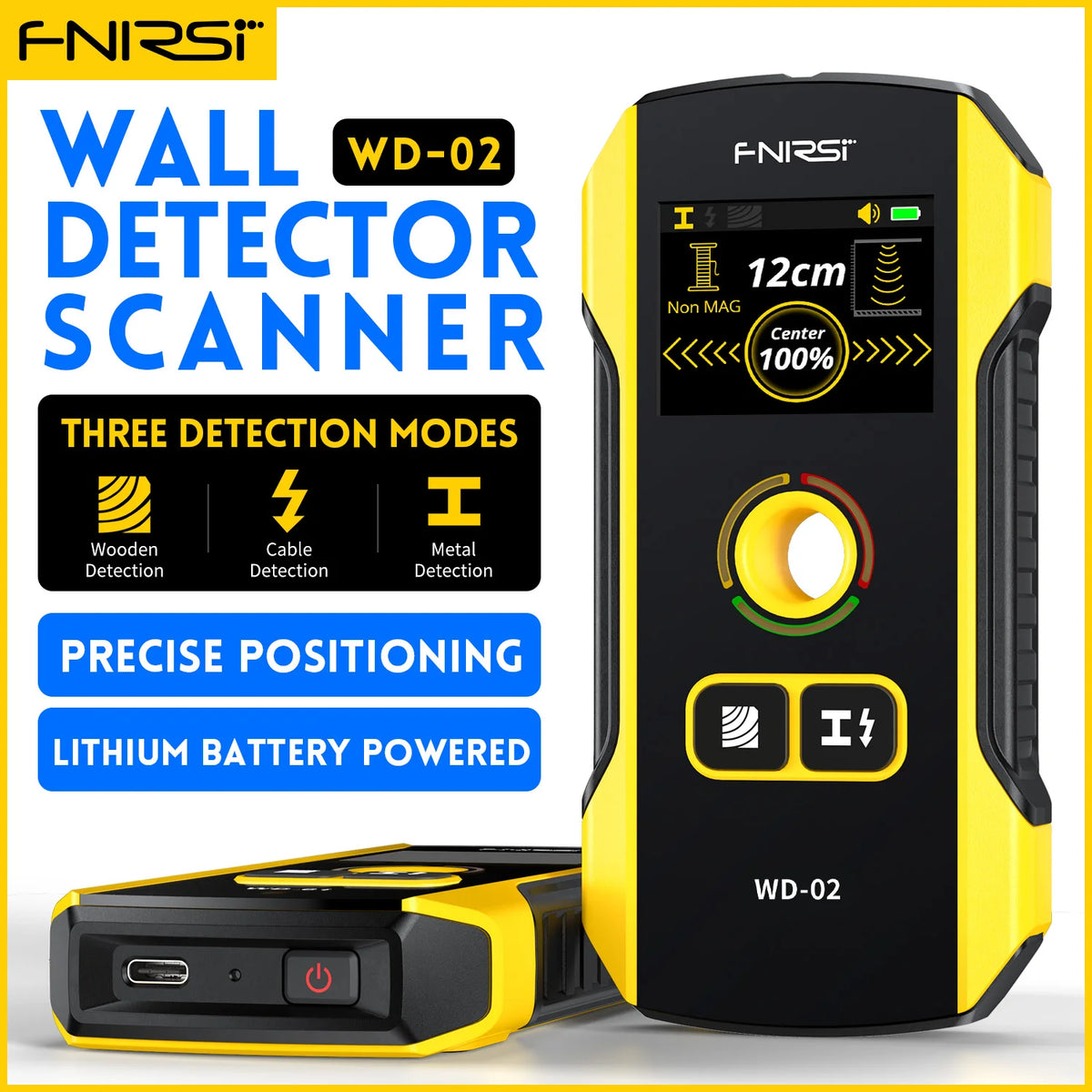جهاز كاشف حائط أصفر من F-NIRS مع بطارية وشاشة سوداء تعرض أوضاع الكشف.
