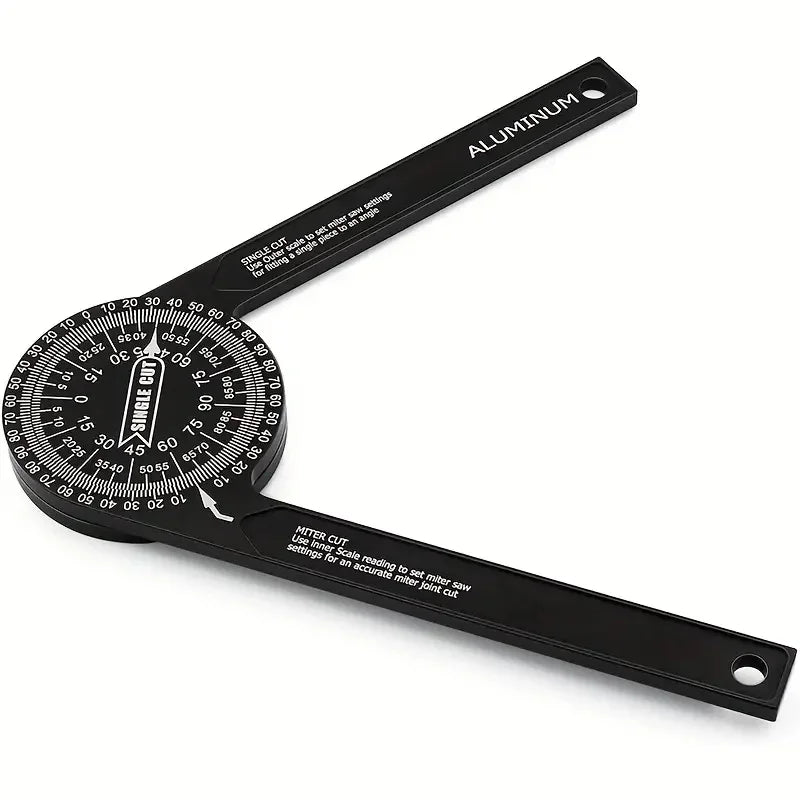 Outil de coupe à équerre en aluminium noir avec échelle circulaire et bras de mesure droit.