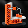 An orange and white L-shaped jig used as a 90-degree angle positioner for woodworking, featuring threaded inserts.