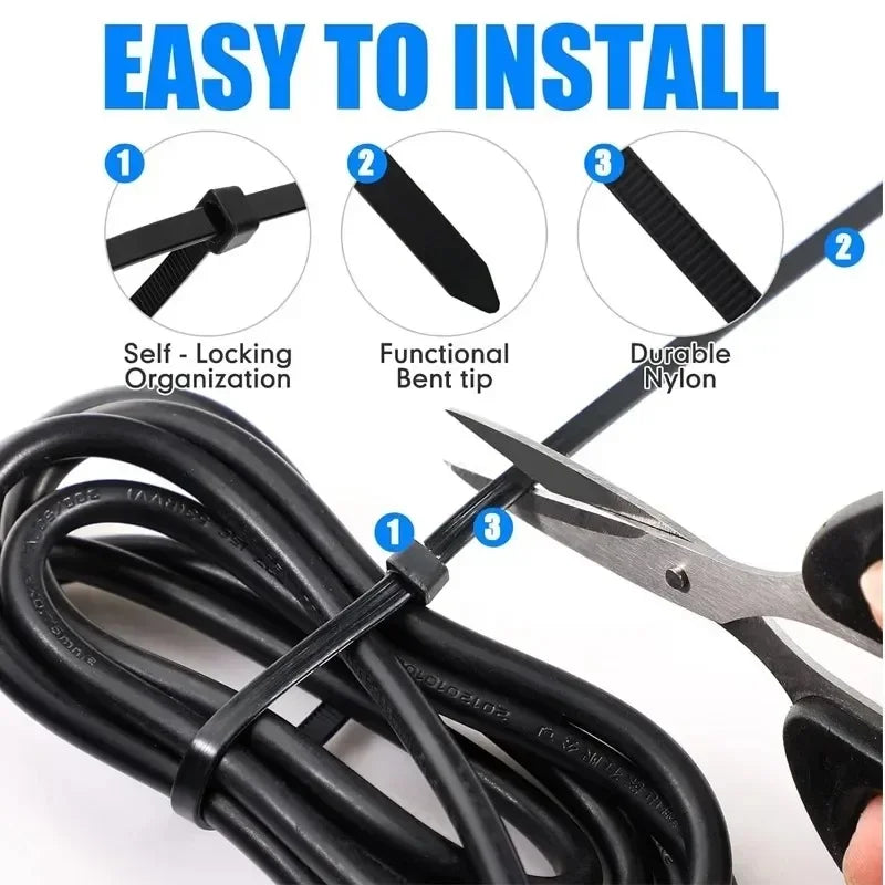Diagram showing how to install adjustable nylon cable ties with a bent tip and locking mechanism