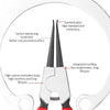 A pair of silver and black precision multifunctional pliers with red grips shown against a white background.