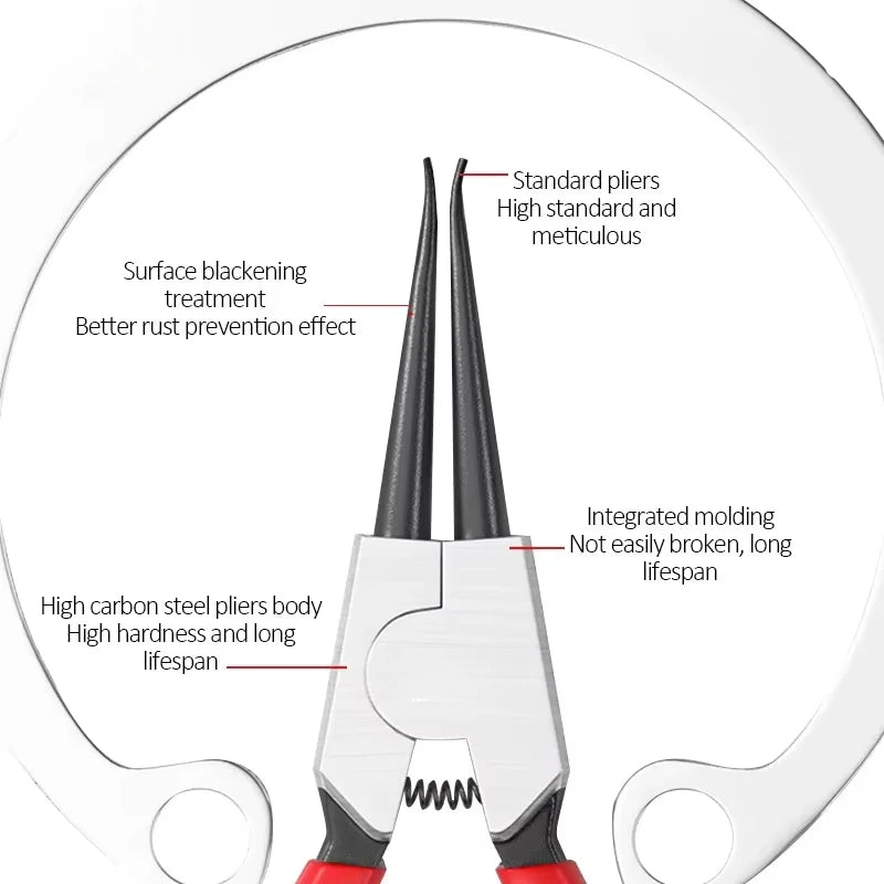 A pair of silver and black precision multifunctional pliers with red grips shown against a white background.