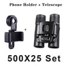 A set of a phone holder and a 500x25 telescope for viewing.
