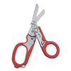 A pair of silver and red tactical foldable shears for emergency and EDC use.