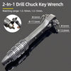 A 2-in-1 drill chuck key wrench tool shown with various sized sockets and adapters.