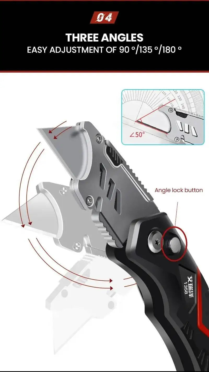 A folding utility knife showing the three angles of adjustment for blade opening, with an angle lock button visible.
