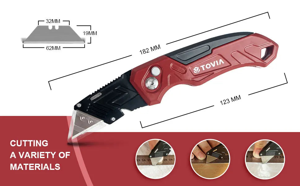 A red retractable utility knife with a black blade and storage, shown in profile.