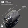 A close-up view of a drill chuck adapter with a 2-13mm size and 1/2-20 UNF mount thread.
