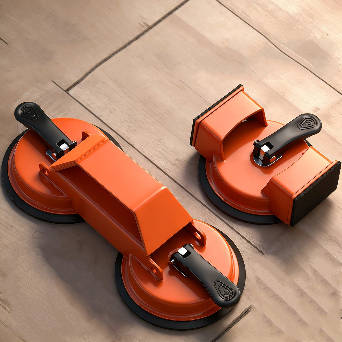 An orange professional floor gap repair tool with suction cups resting on a wooden floor.