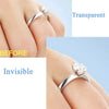 Before and after comparison of invisible ring sizing adjusters for a silver ring on a finger.