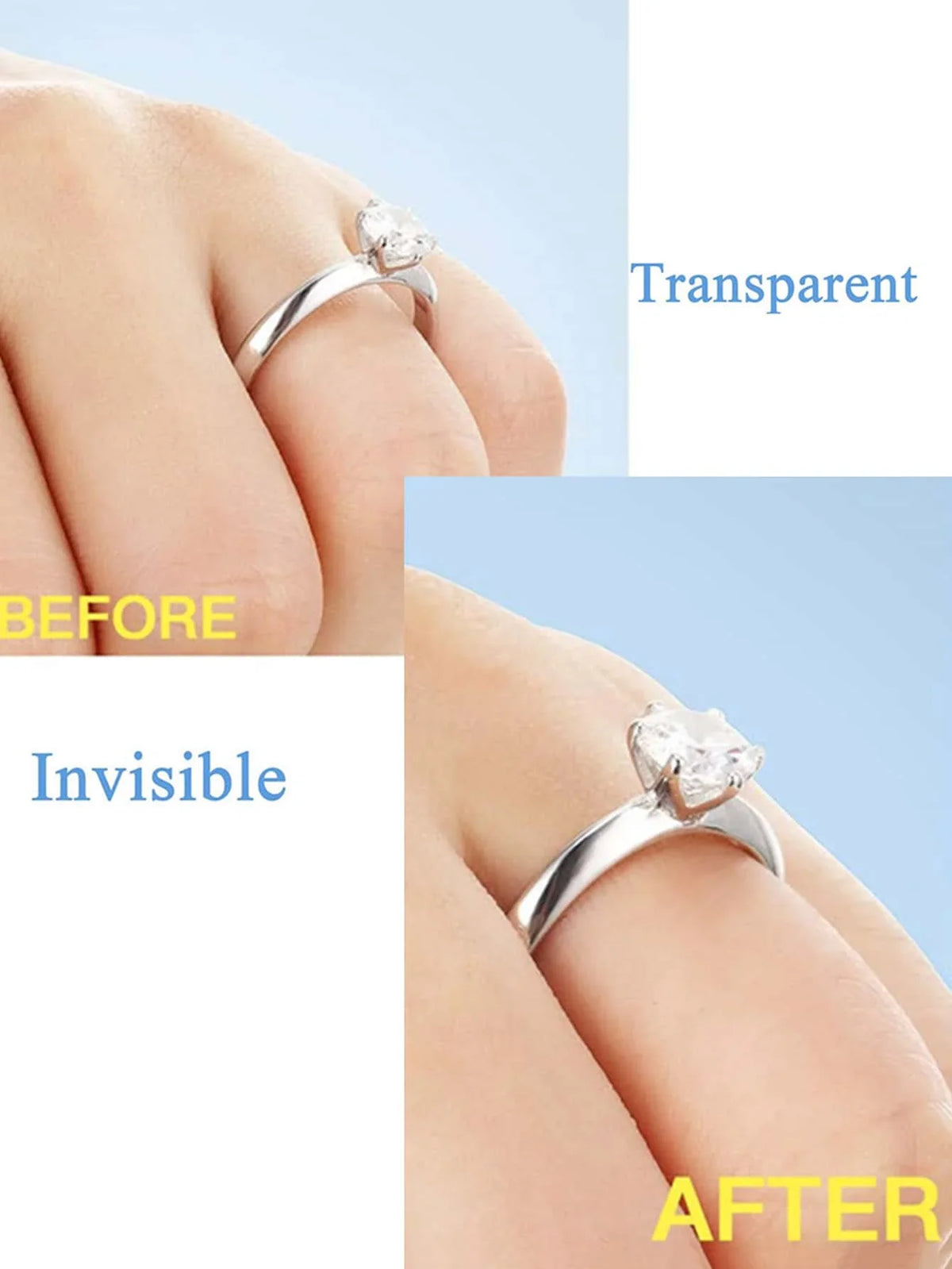 Before and after comparison of invisible ring sizing adjusters for a silver ring on a finger.