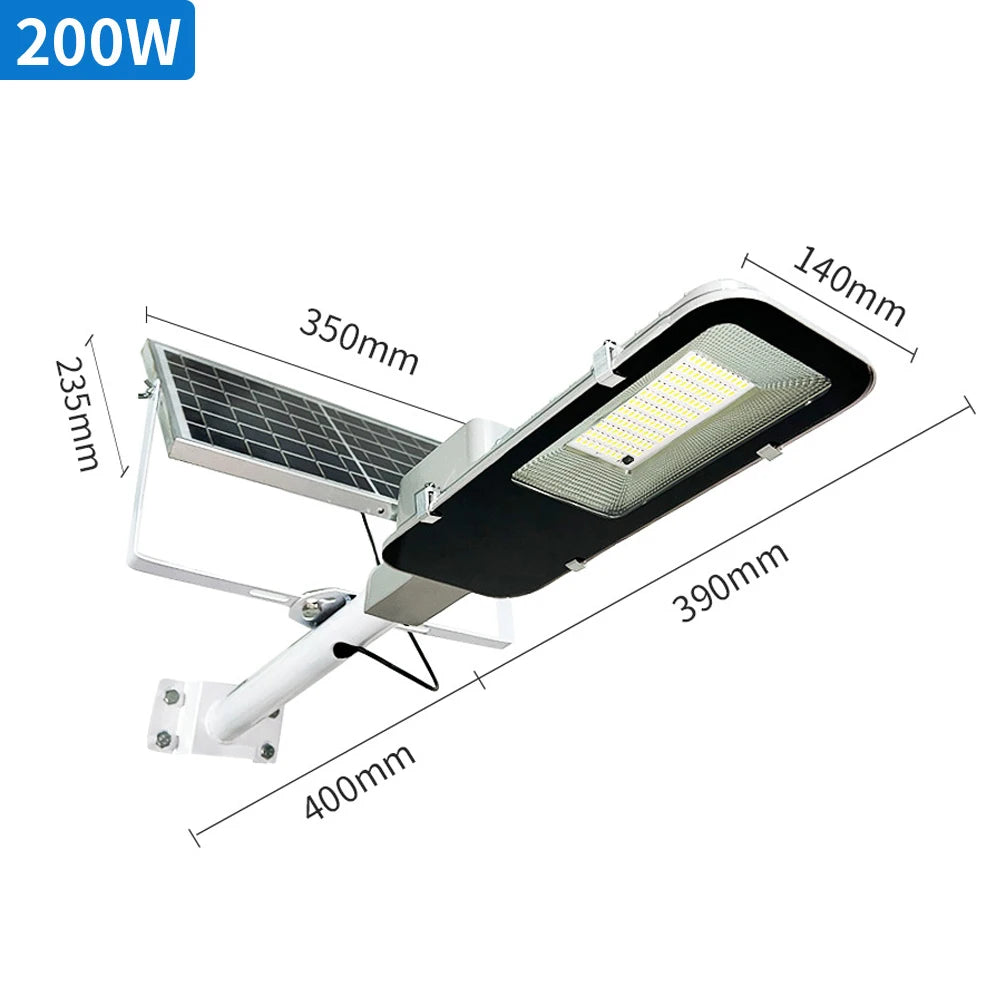 A solar street light assembly featuring a 200W light panel and a solar panel mounted on an adjustable arm.