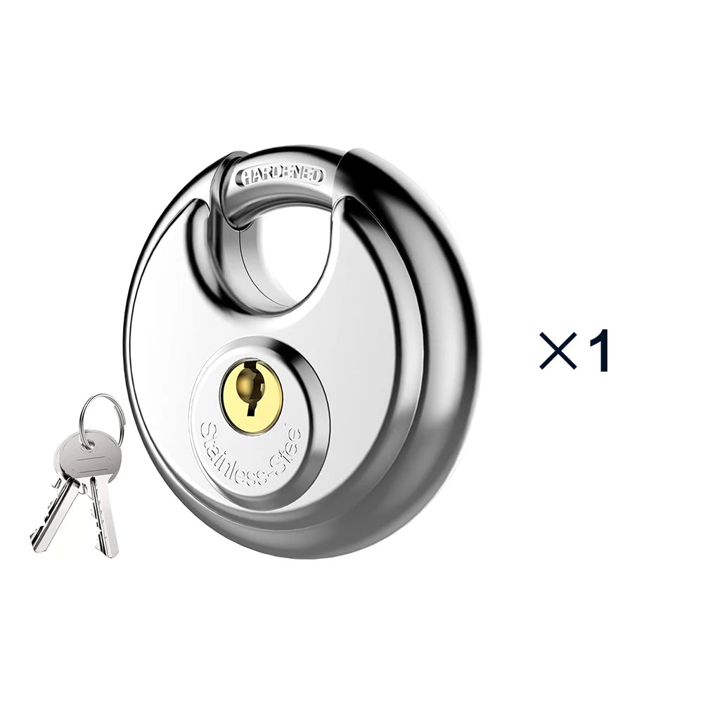 A silver heavy duty stainless steel disc padlock with a key shown next to it.
