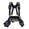 A black tool belt with brown leather accents and suspension straps for crafts and construction.