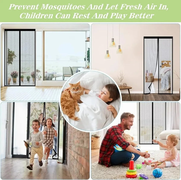 Ein magnetisches Fenstergitter schützt ein Fenster, während Kinder in der Nähe spielen.