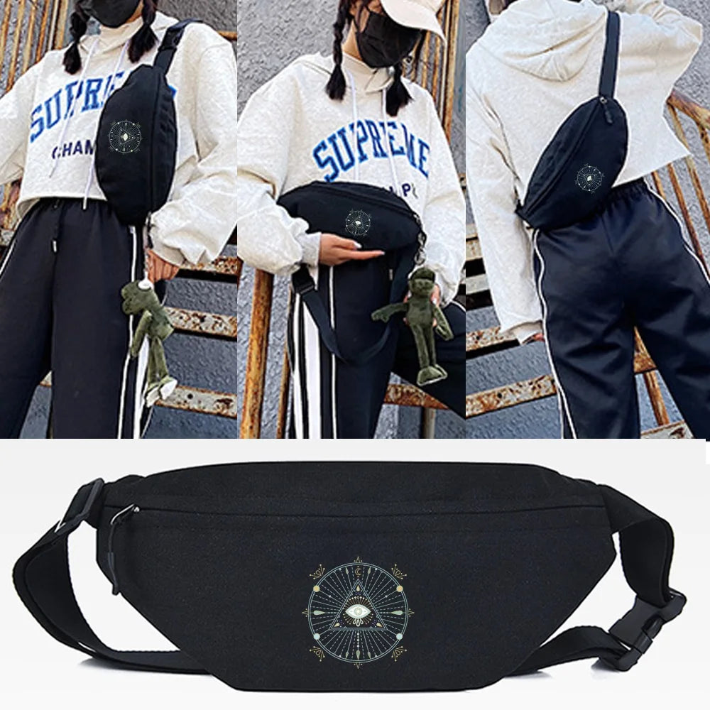 Black linen crossbody waist bag with an ornate circular design shown against a background of people wearing Supreme apparel.