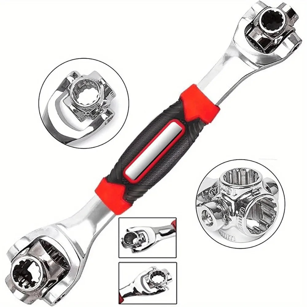 Juego universal de llaves de socket de 48 en 1 con dados de varios tamaños y mango negro y rojo.