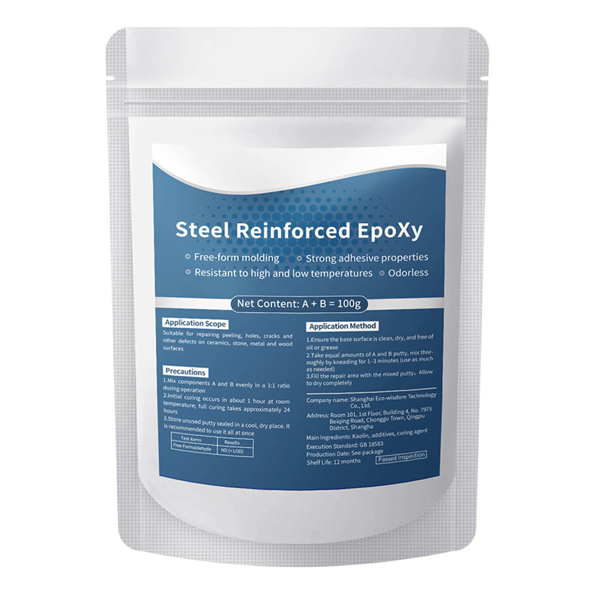 A white pouch of Steel Reinforced Epoxy putty for crack repair with application instructions.