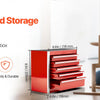 A woman is using a multi-functional portable toolbox with red drawers in a home setting.