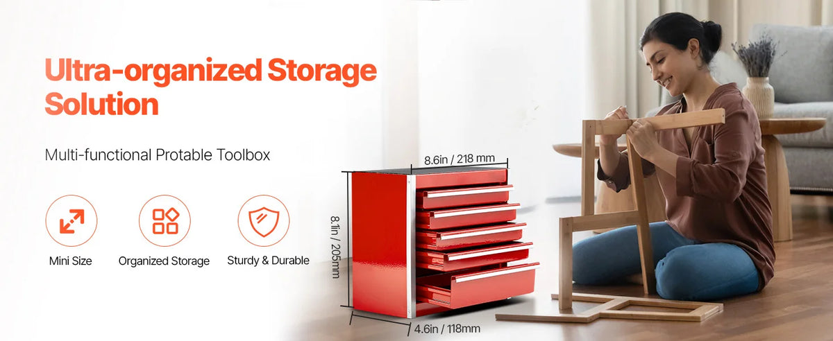 A woman is using a multi-functional portable toolbox with red drawers in a home setting.