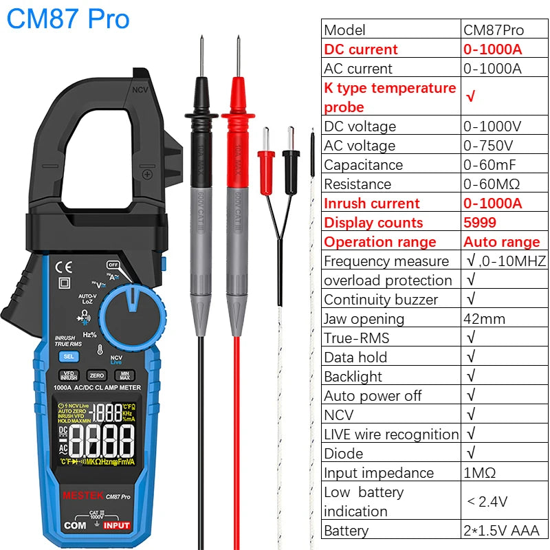 A digital clamp meter labeled CM87 Pro showing its display, probes, and specifications.
