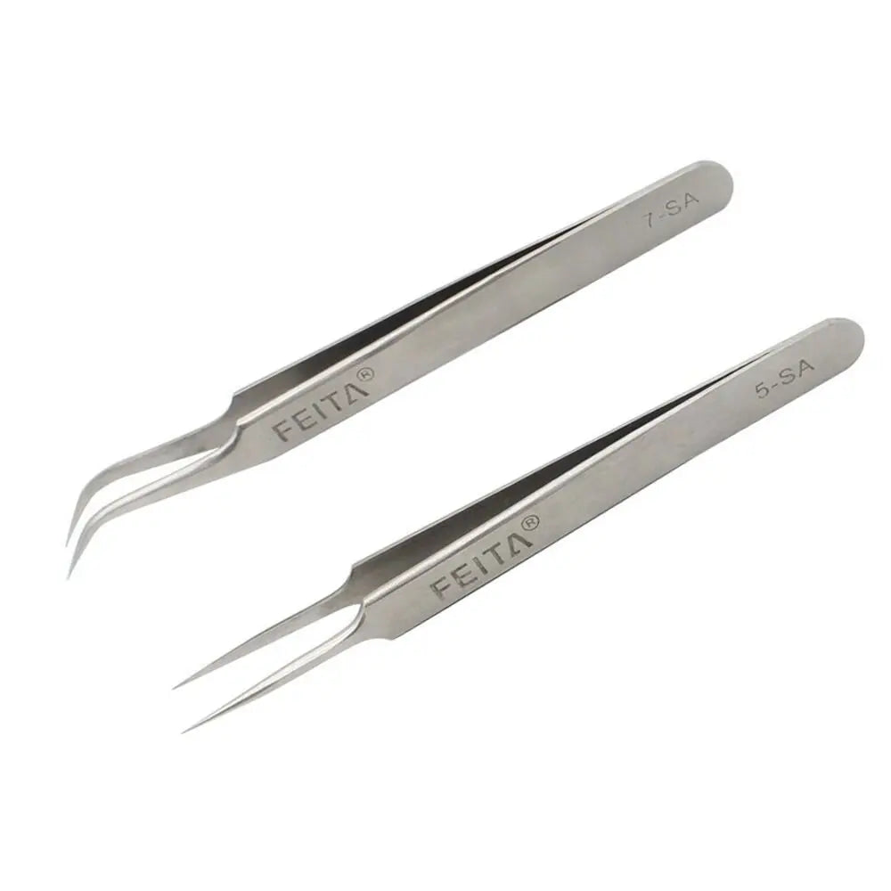 A pair of stainless steel tweezers, labeled 7-SA and 5-SA, for fine work.