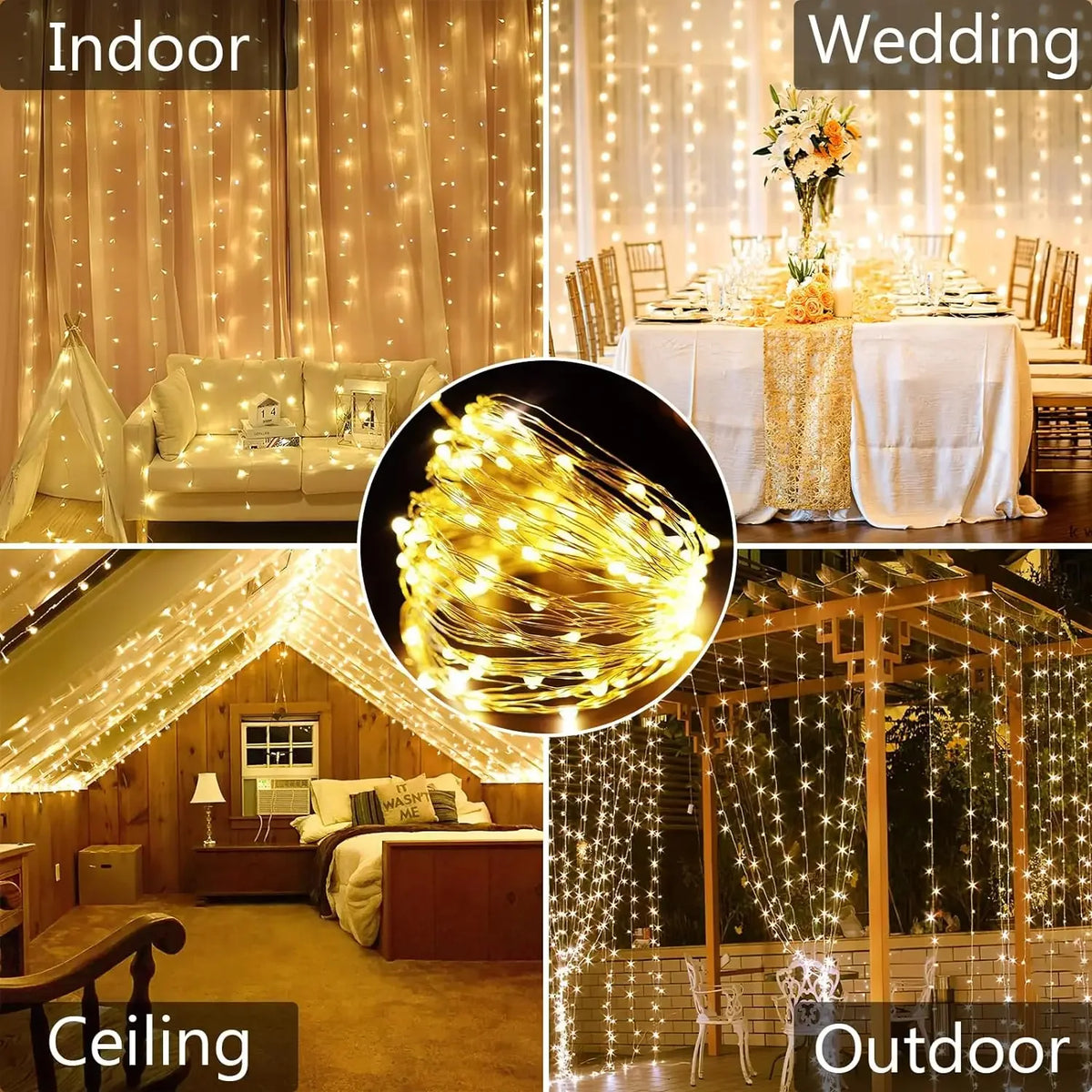 A collage showing various uses of 300 LED solar curtain lights for indoor and outdoor decor.