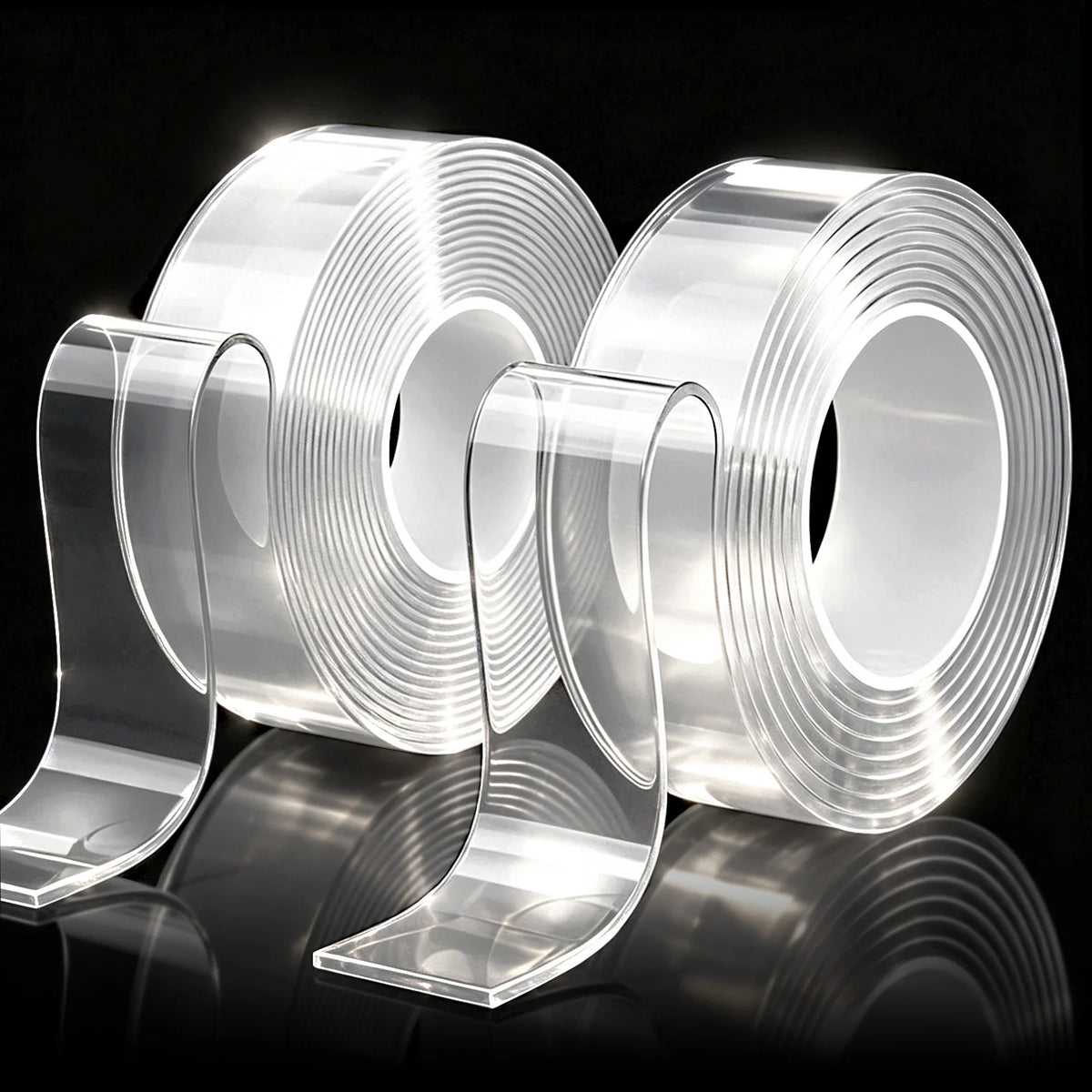 Rolls of clear heavy-duty double-sided acrylic adhesive tape displayed on a reflective surface.