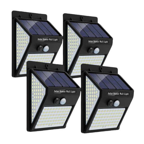 Four black solar sensor wall lights with integrated LED illumination and motion sensors.