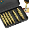 A set of heavy-duty screw extractors, labeled HSS 4341 #0 through #4, are displayed in a black plastic case.