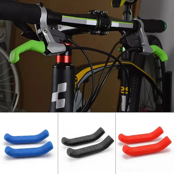 Ein Satz Silikon-Bügel für Fahrradbremshebel in Blau, Schwarz und Rot.