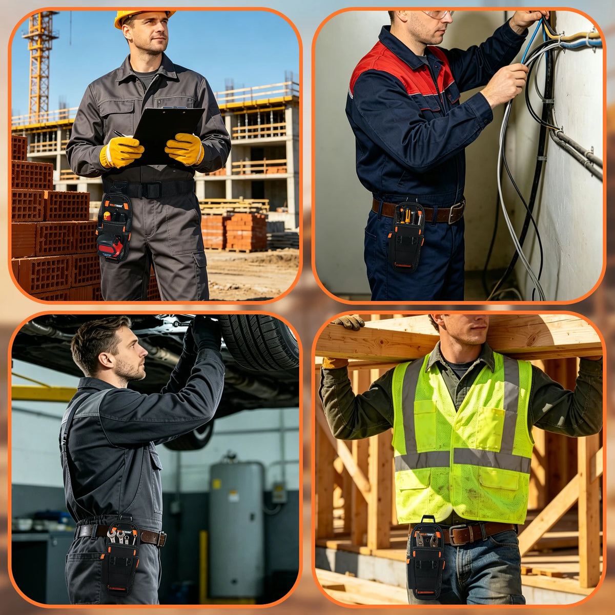 Four images showing a man working in construction or industrial settings using a small tool pouch with a quick release belt c