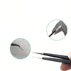 A set of precision stainless steel tweezers shown with a magnified view of the tips.