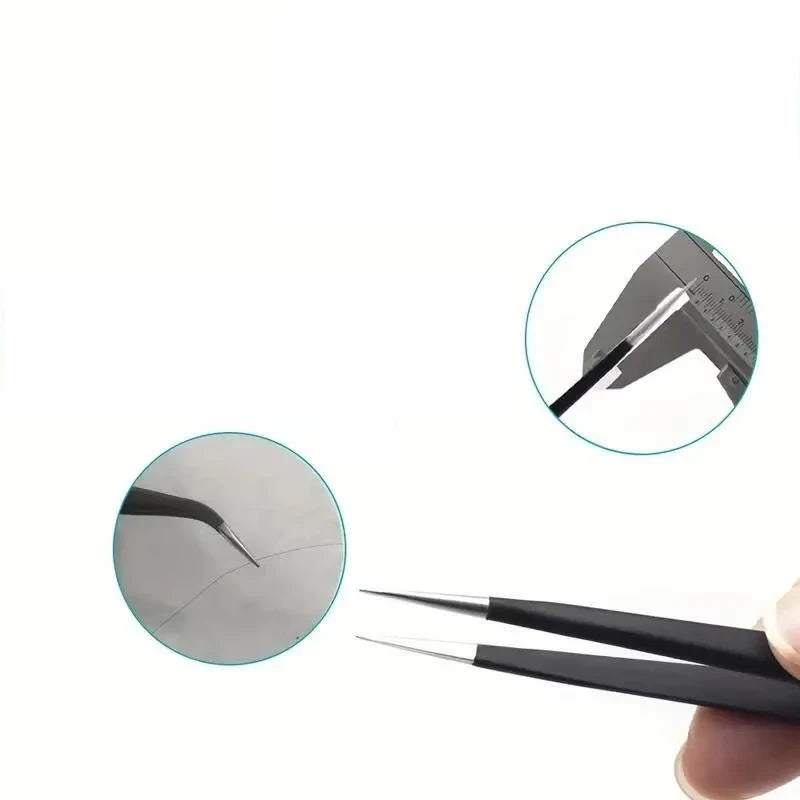 A set of precision stainless steel tweezers shown with a magnified view of the tips.