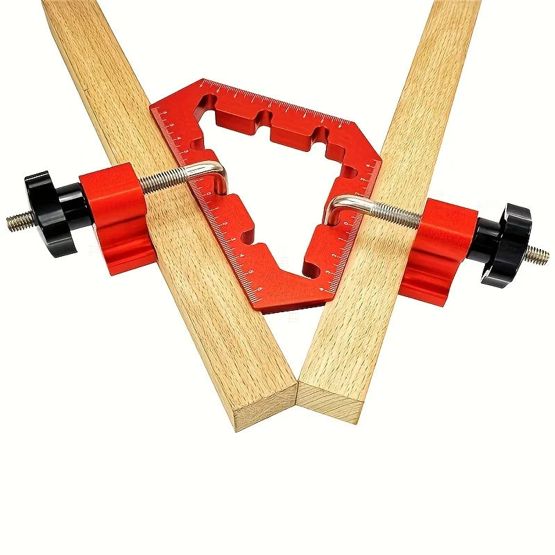 L-shaped angle splicing fixture for woodworking with wooden blocks and red measuring tools