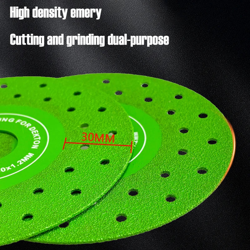 Two green diamond cutting and grinding dual-purpose saw blades are shown on a black background.