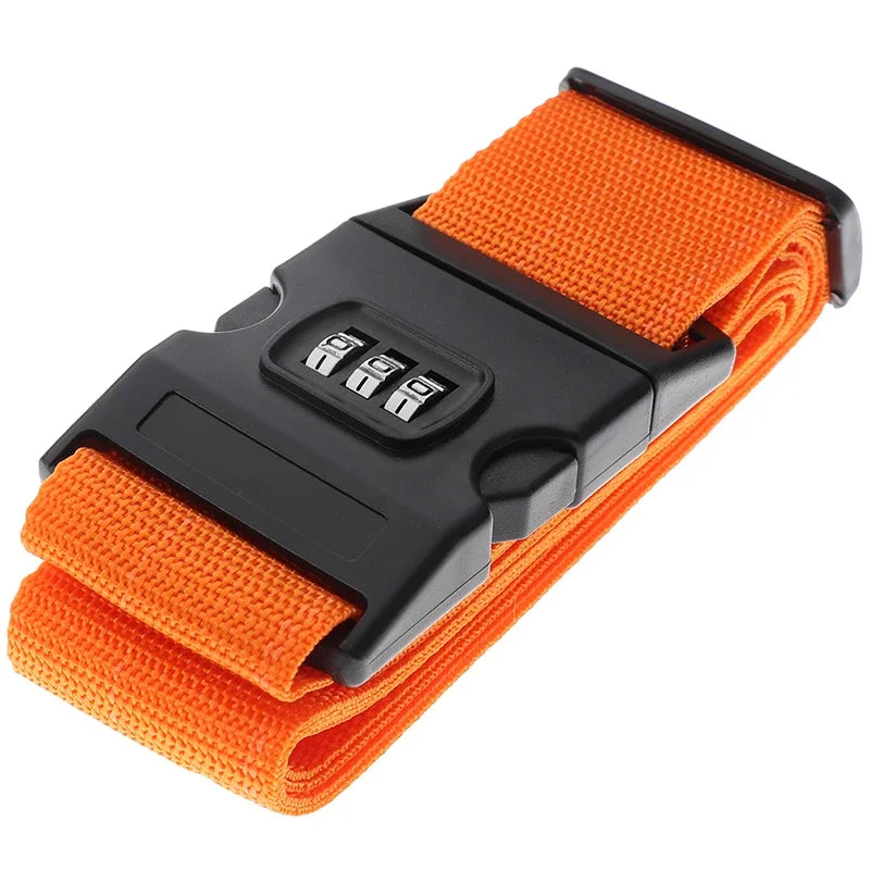 Orange adjustable luggage strap with a black password lock feature