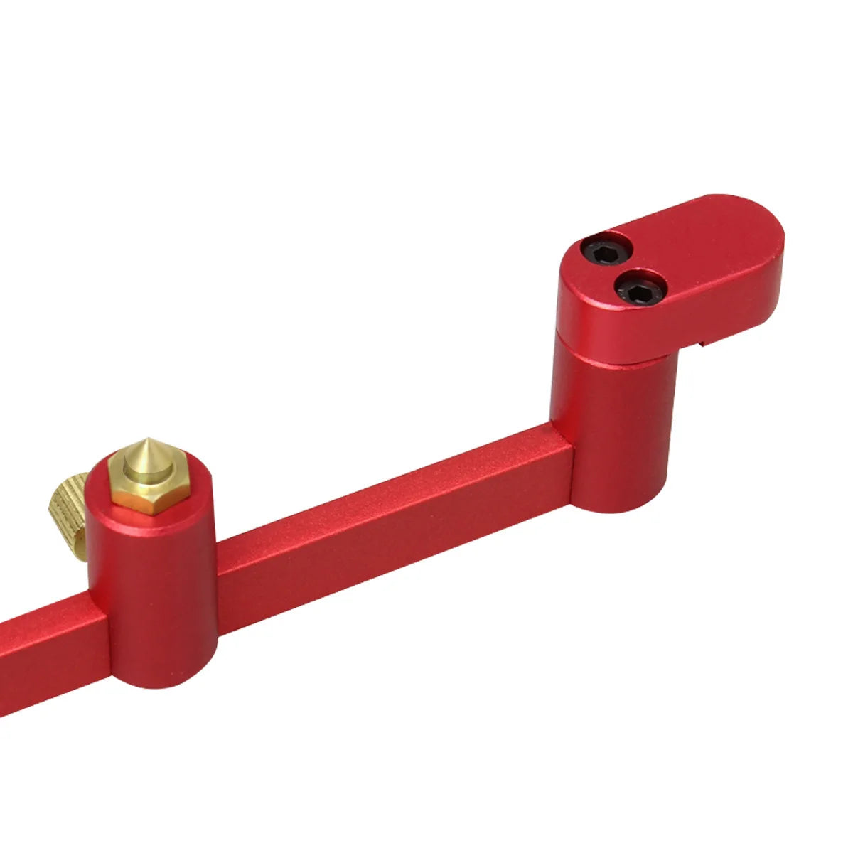A red adjustable drawing circle ruler for woodworking with a brass fitting.