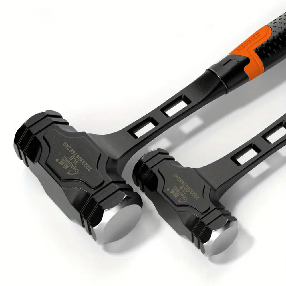 Marteau de maça octogonal industriel noir avec poignée orange et tête de frappe argentée.
