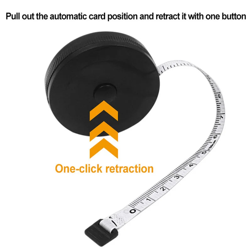 A black automatic card position device with an orange arrow indicating one-click retraction and a silver tape measure.