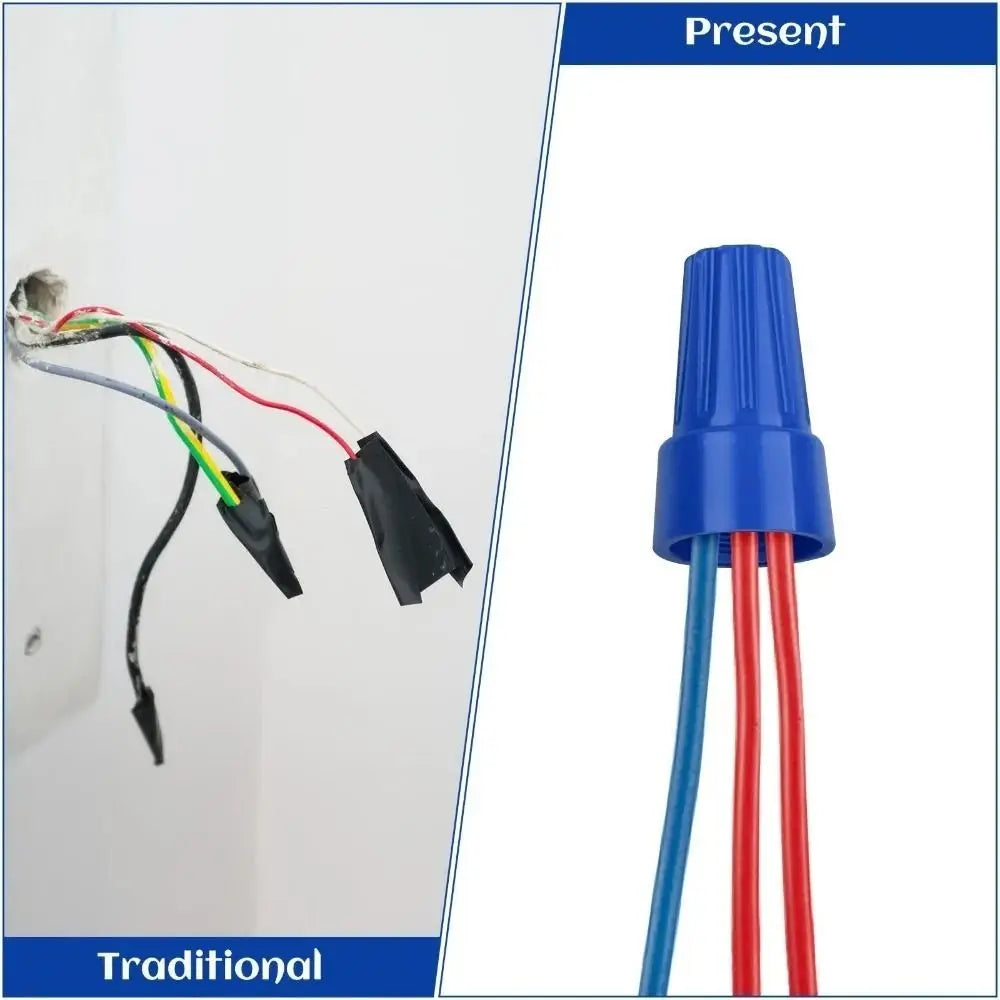 Comparison of a present insulated wire connector nut and a traditional one for electrical wiring.