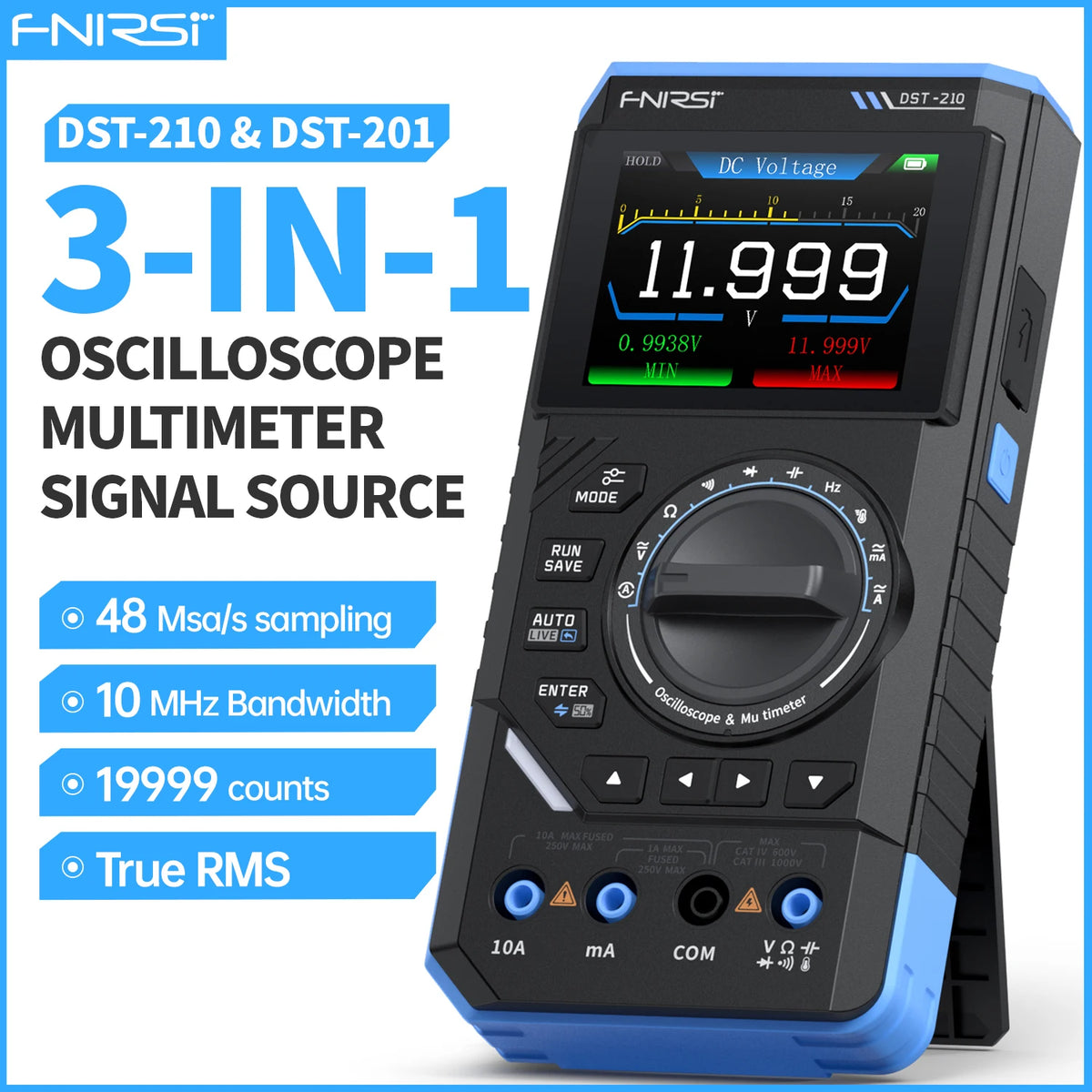 An FNIRSI DST-210 and DST-201 3-in-1 oscilloscope multimeter with a digital display and controls.