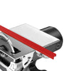 A close-up view of a precision adjustable circular saw guide rail with a red guide bar and metal components.