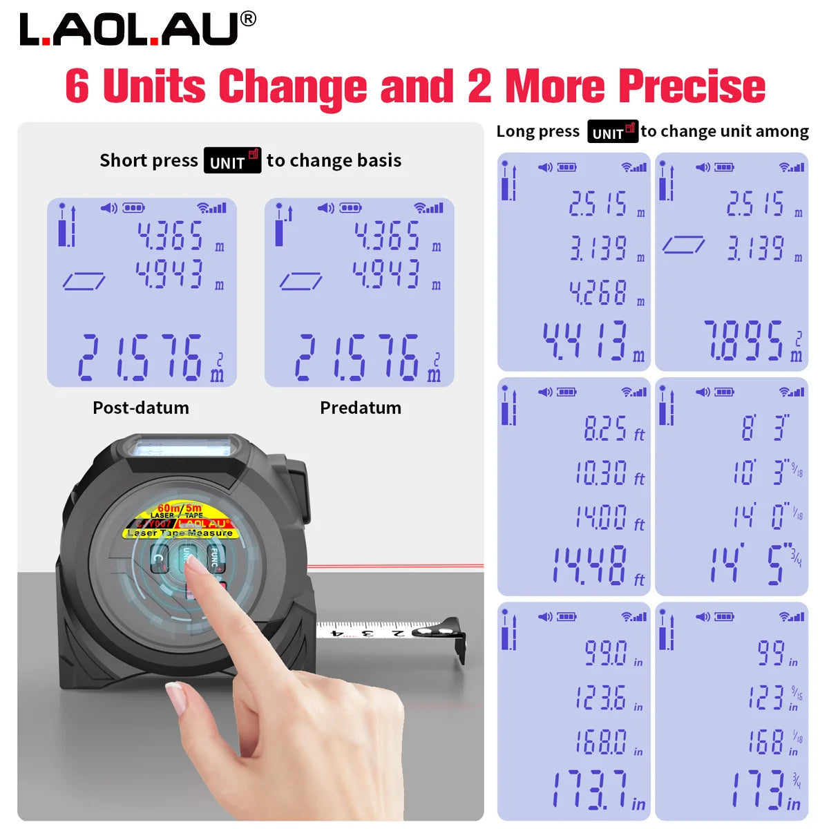 A hand is operating a 3-in-1 laser rangefinder tape measure, demonstrating its ability to change units and measure distances.