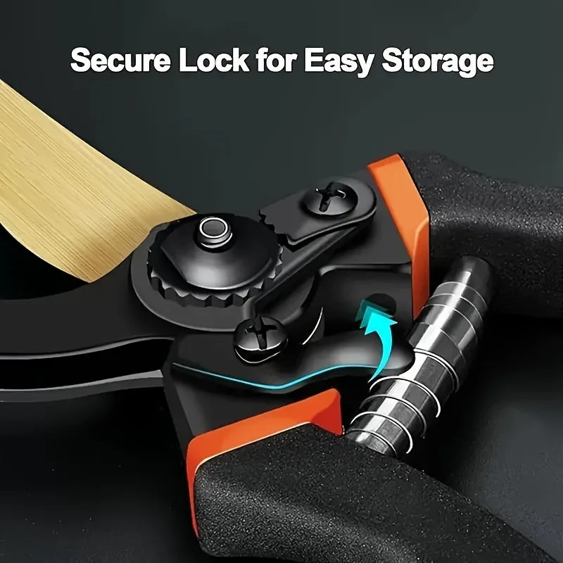 Close-up of a black garden pruning shear with an orange handle showing the secure locking mechanism for easy storage.