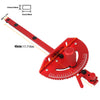 A red precision miter gauge with a sliding arm and a circular scale for woodworking.