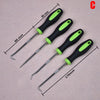 A set of four black and lime green multi-angle car repair hooks with varying lengths.