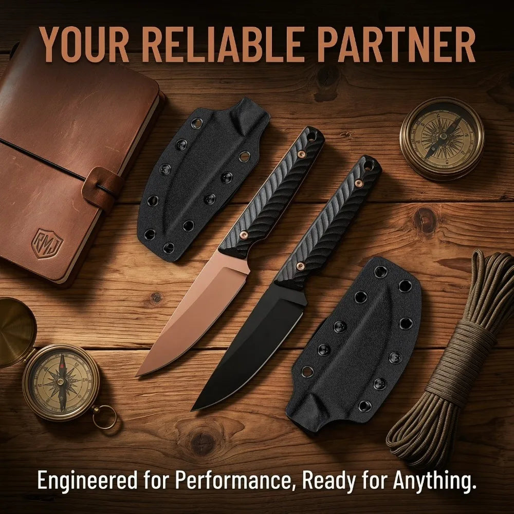 A full tang fixed blade EDC knife with a blade and sheath laid out on a wooden surface.